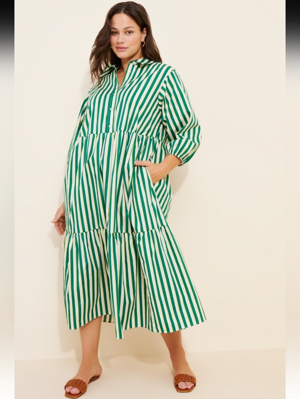 Maeve By Anthropologie The Bettina Green Striped Midi Shirt Dress SIZE M USED